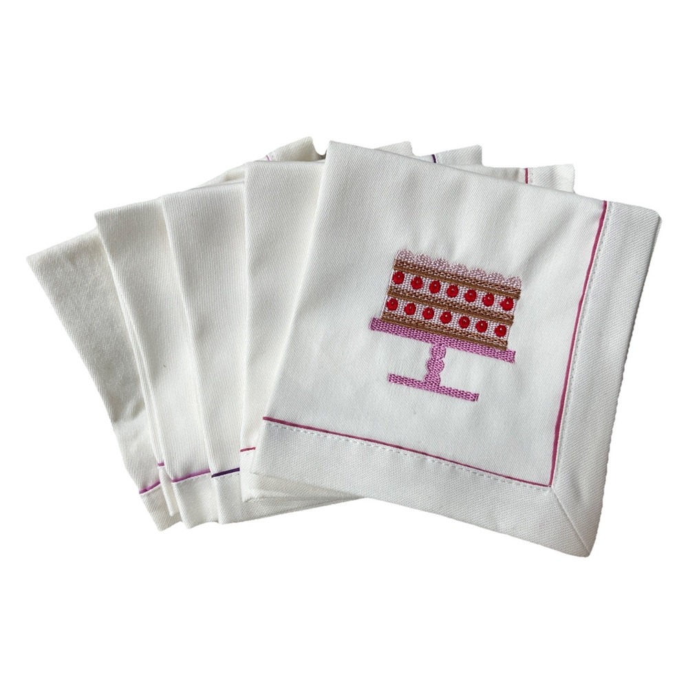 Crate & Barrel Cake Desserts Embroidered Cocktail Napkins Set of Five 10" x 10"